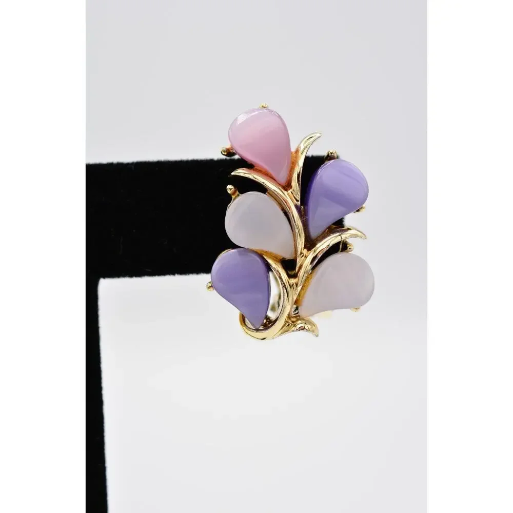 Kramer Vintage Clip On Earrings Purple Pink Lucite Floral Leaf Gold Signed BinAA